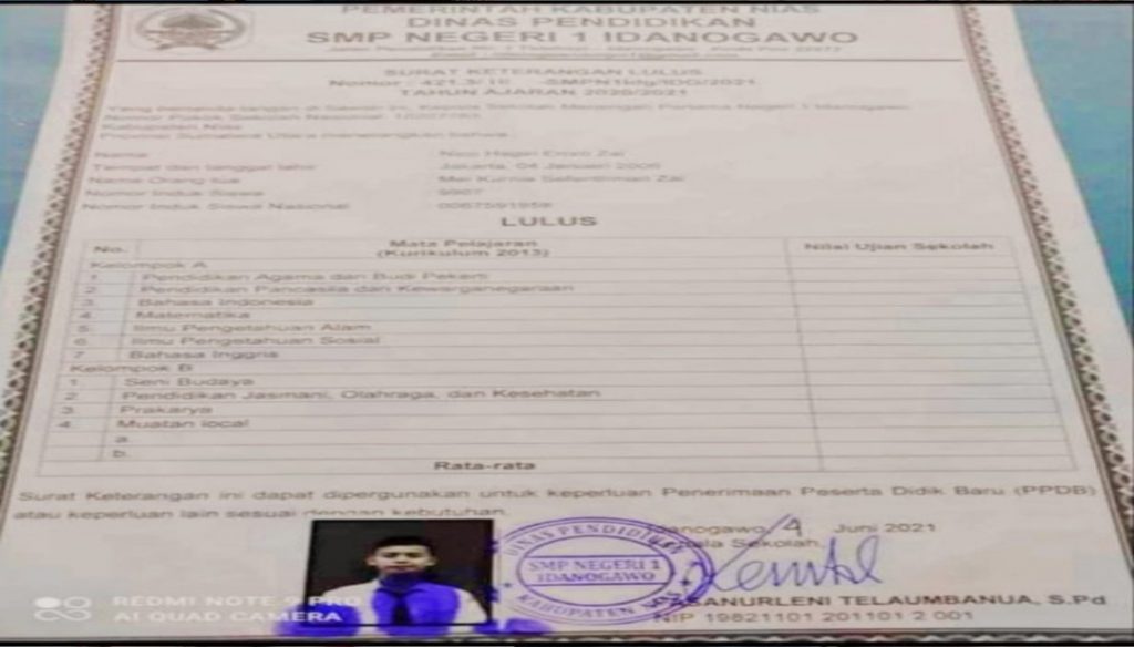 Miris, SMP Negeri 1 Idanogawo Keluarkan SKL Tanpa Nilai Siswa, Kadis Pendidikan : Akan Kita Tindak Lanjuti