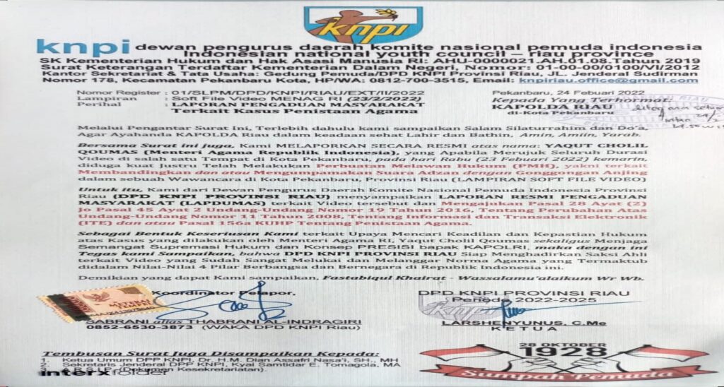 KNPI Riau Kirim Surat Rekomendasi Pencopotan Menteri Agama RI