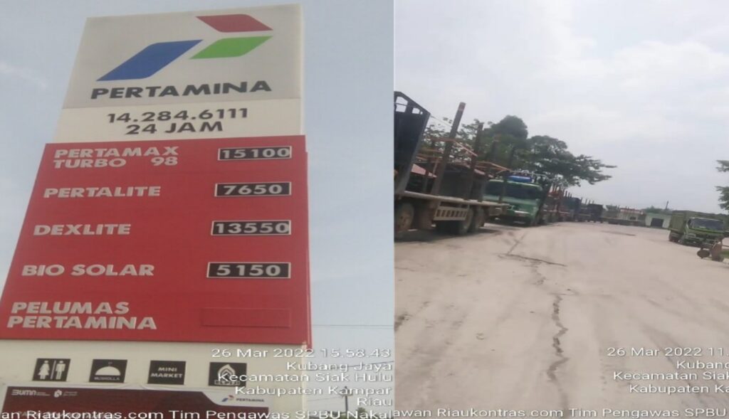 Tronton Pengangkut Kayu Isi Minyak Solar Subsudi di SPBU 14.284.6111 Kubang Kampar