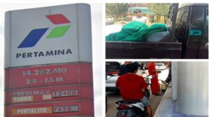 Teks foto : SPBU No. 14.282.610 di Jl. Yos Sudarso, Muara Fajar, Kec. Rumbai, Kota Pekanbaru Riau Sedang Melayani Pengisian BBM Jenis Pertalite Menggunakan Jerigen Yang Skala Besar. (Foto/Dokumen KEND ZAI)