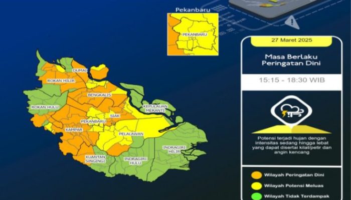 Peringatan Dini! Hujan Kencang Potensial di Banyak Wilayah Riau, Gelombang Laut Capai 2,5 Meter di Hilir